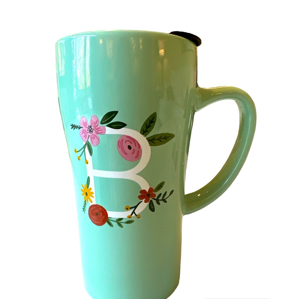 Tall Clay Art Green Floral Letter “B” 6" 16 oz Coffee Tea Cup Mug